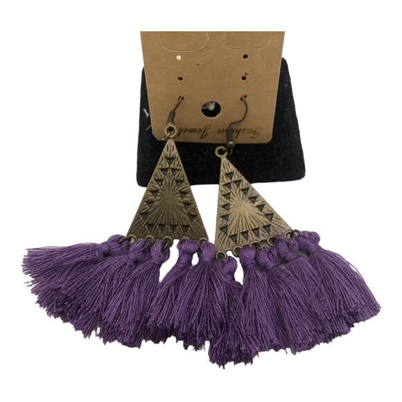 Boho Festival Copper Sphere Metalwork Agate Beads Purple Tassel Dangle Earrings - Picture 7 of 16